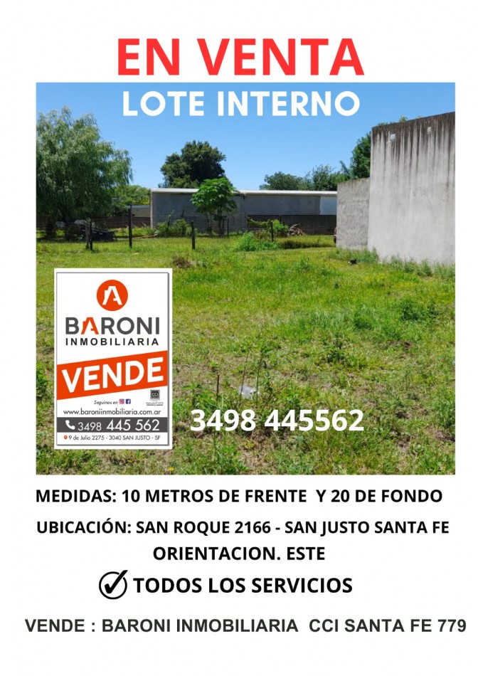 VENDO!!! TERRENO INTERNO - CALLE CAMINO SAN ROQUE 2164 CASI FCO. ANGELONI ( SAN JUSTO - SANTA FE)