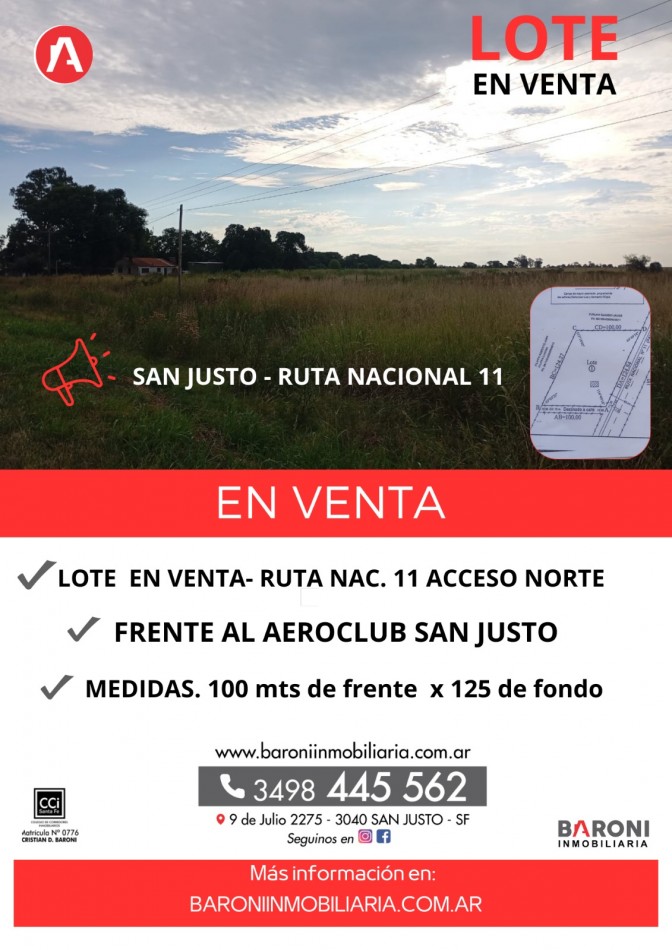 SE VENDE LOTE FRENTE AL AEROCLUB SAN JUSTO - 100 MTS. DE FRENTE X 125 MTS. DE FONDO.