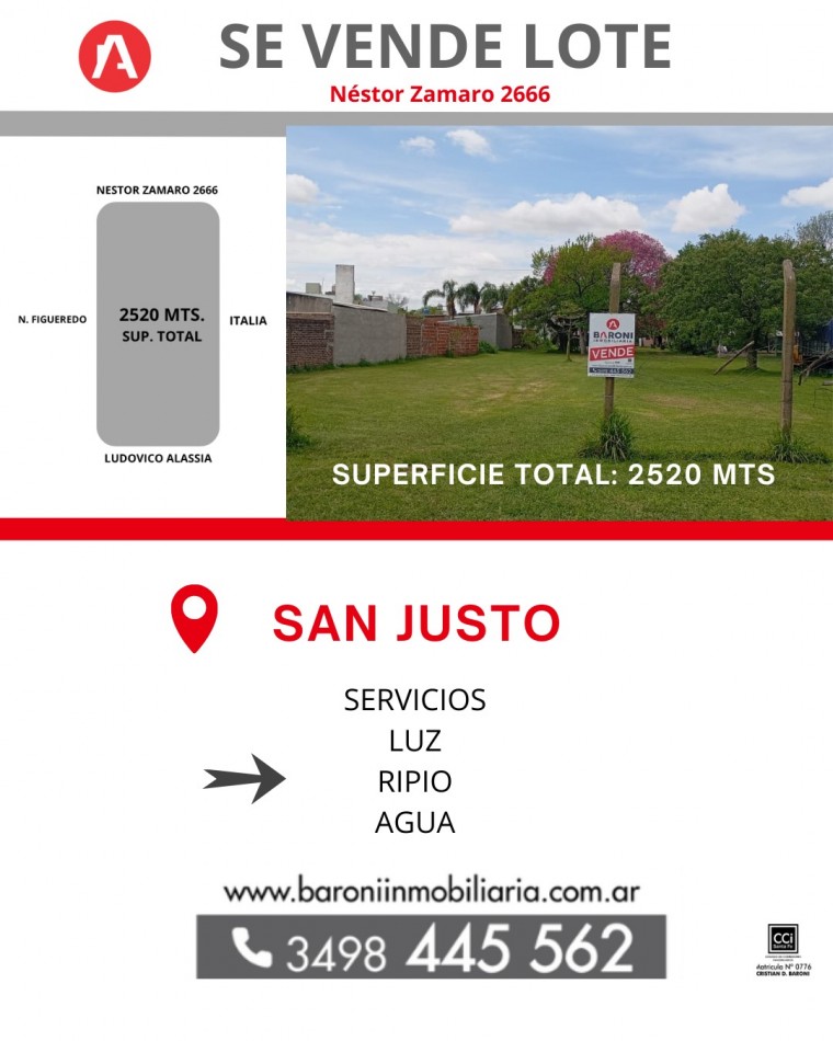 SE VENDE LOTE - SUP- 2520 MTS