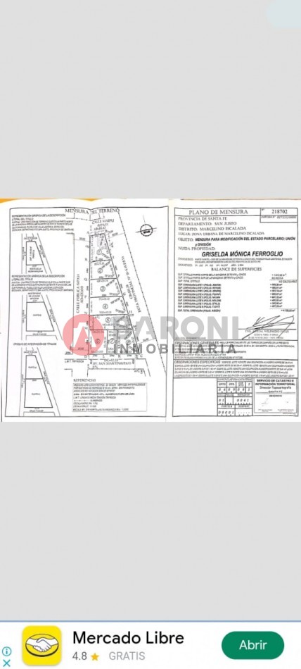 SE VENDE TERRENO EN MARCELINO ESCALADA - DEPARTAMENTO SAN JUSTO / PCIA DE SANTA FE.