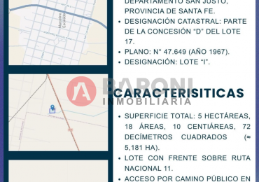 EN VENTA - 5 HECTAREAS EN MARCELINO ESCALADA  -DEPARTAMENTO SAN JUSTO.